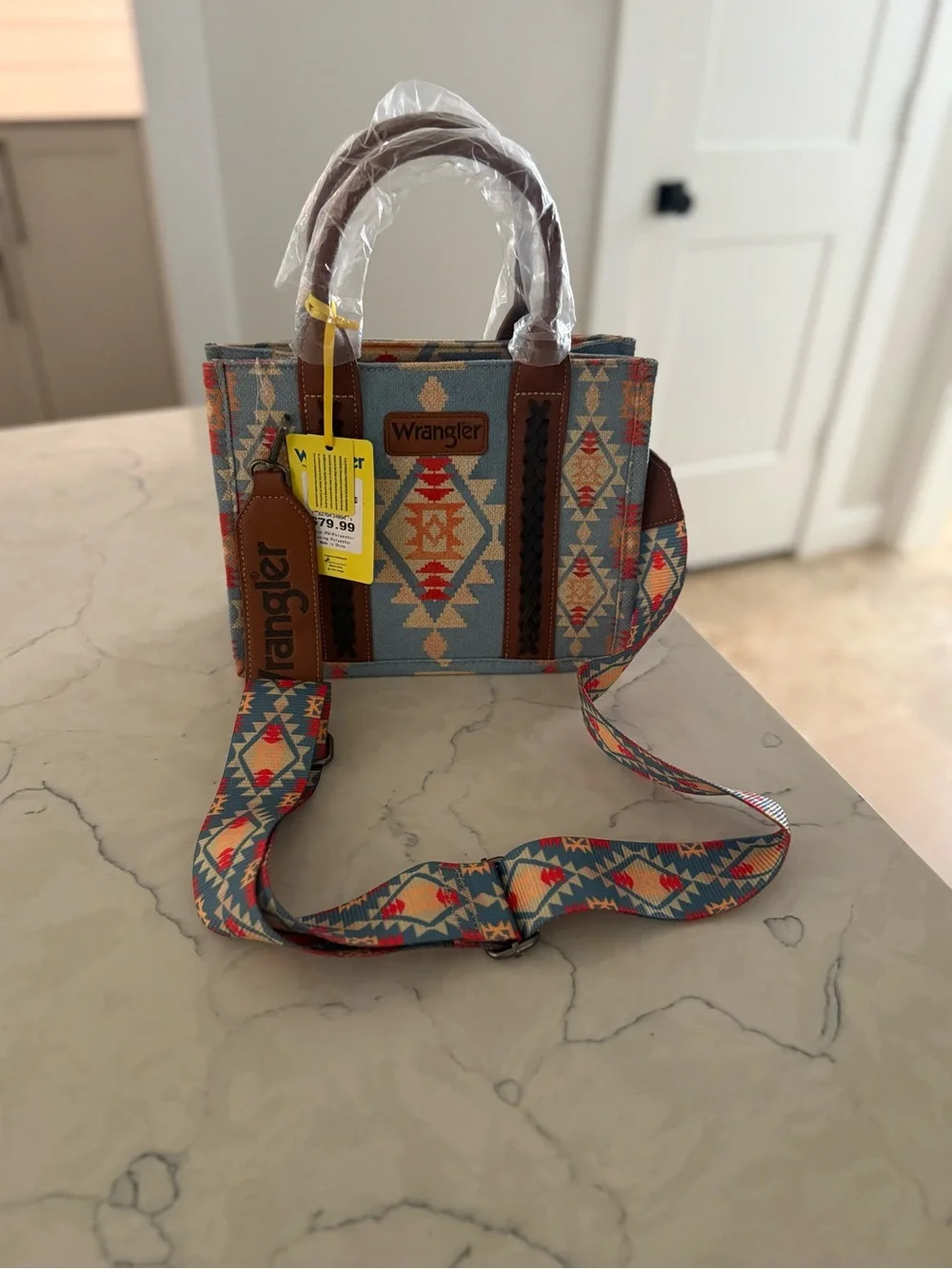 NWT Wrangler Southwestern Aztec Small Tote Crossbody Bag Blue Denim
